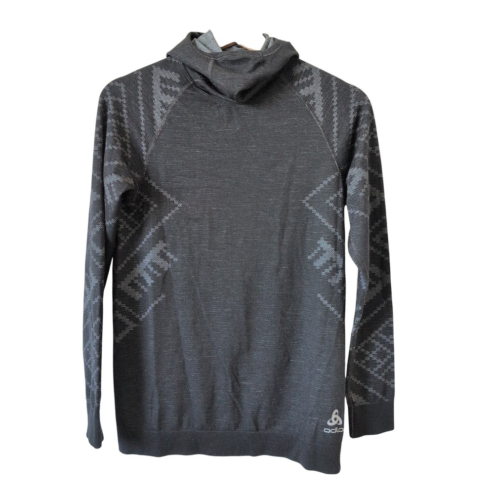 Odlo Merino Wool Blend Performance Hoodie Base Layer Gray Black Womens Medium